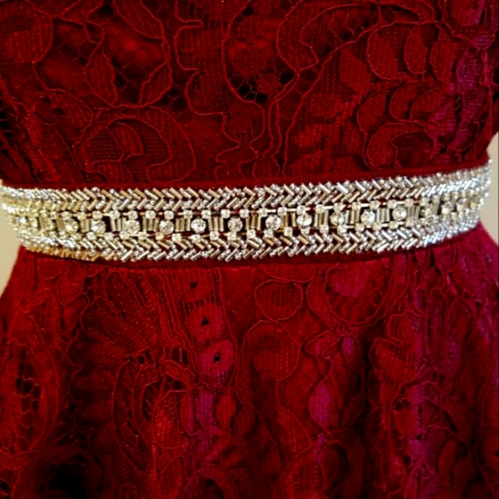 Maniju Burgundy Silver Bead Eyelet Prom Dress - Picture 7 of 8